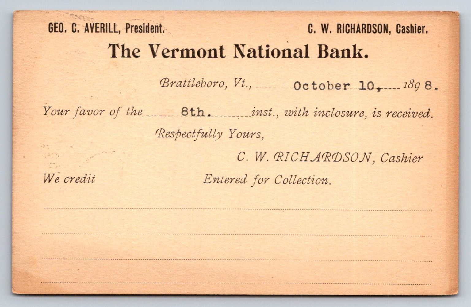 1898 Vermont National Bank Brattleboro VT Receipt Postcard Newfane Bank