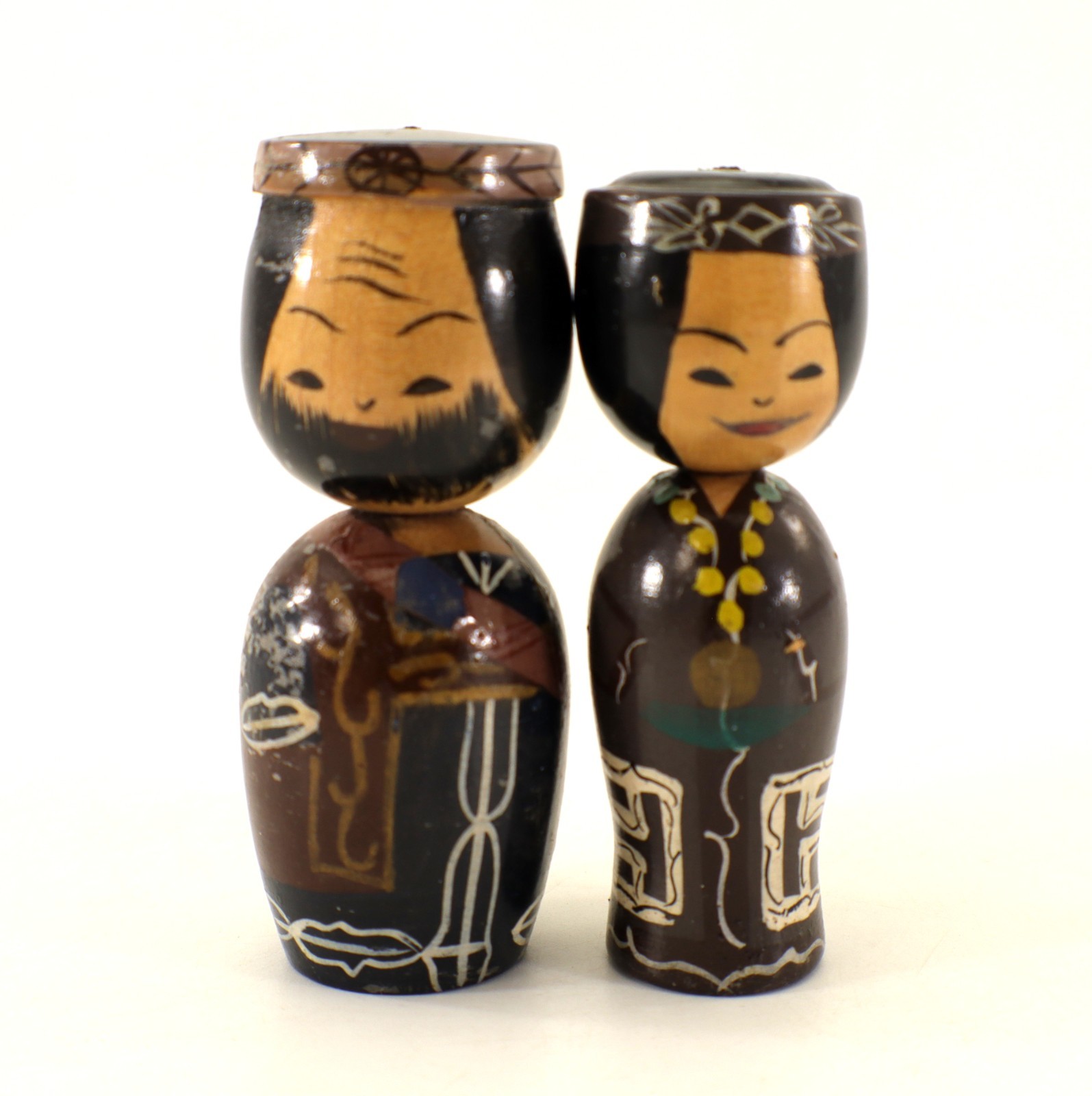 Japanese Kokeshi Doll Pair Man & Woman Hand Painted Wood Bobbling Heads 3\
