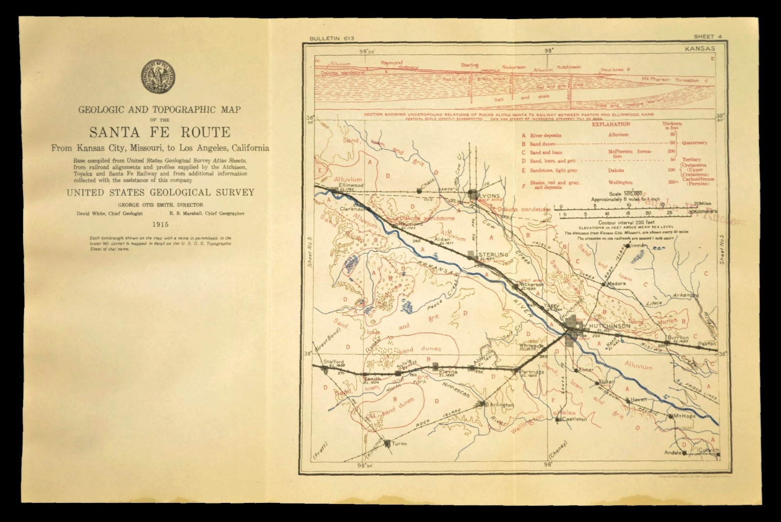 1915 Antique Santa Fe Railroad Map Line Hutchinson Kansas Sterling KS Lyons