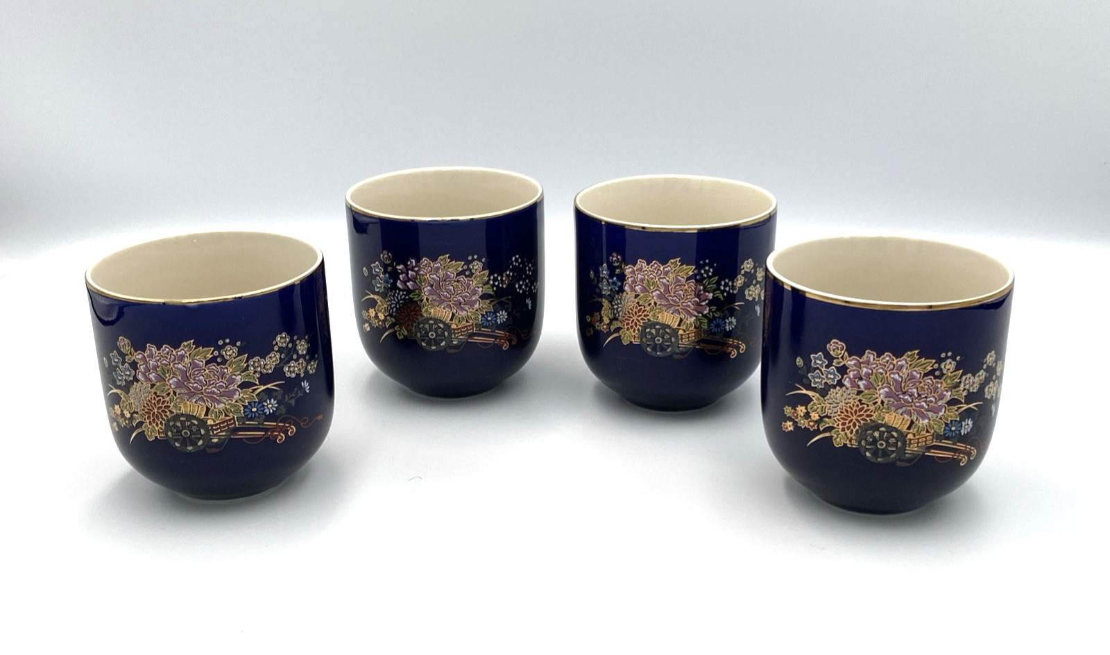 Vintage Kutani Sake Cup Set of 4 Cobalt Blue Gilded Floral Cart Basket Japan