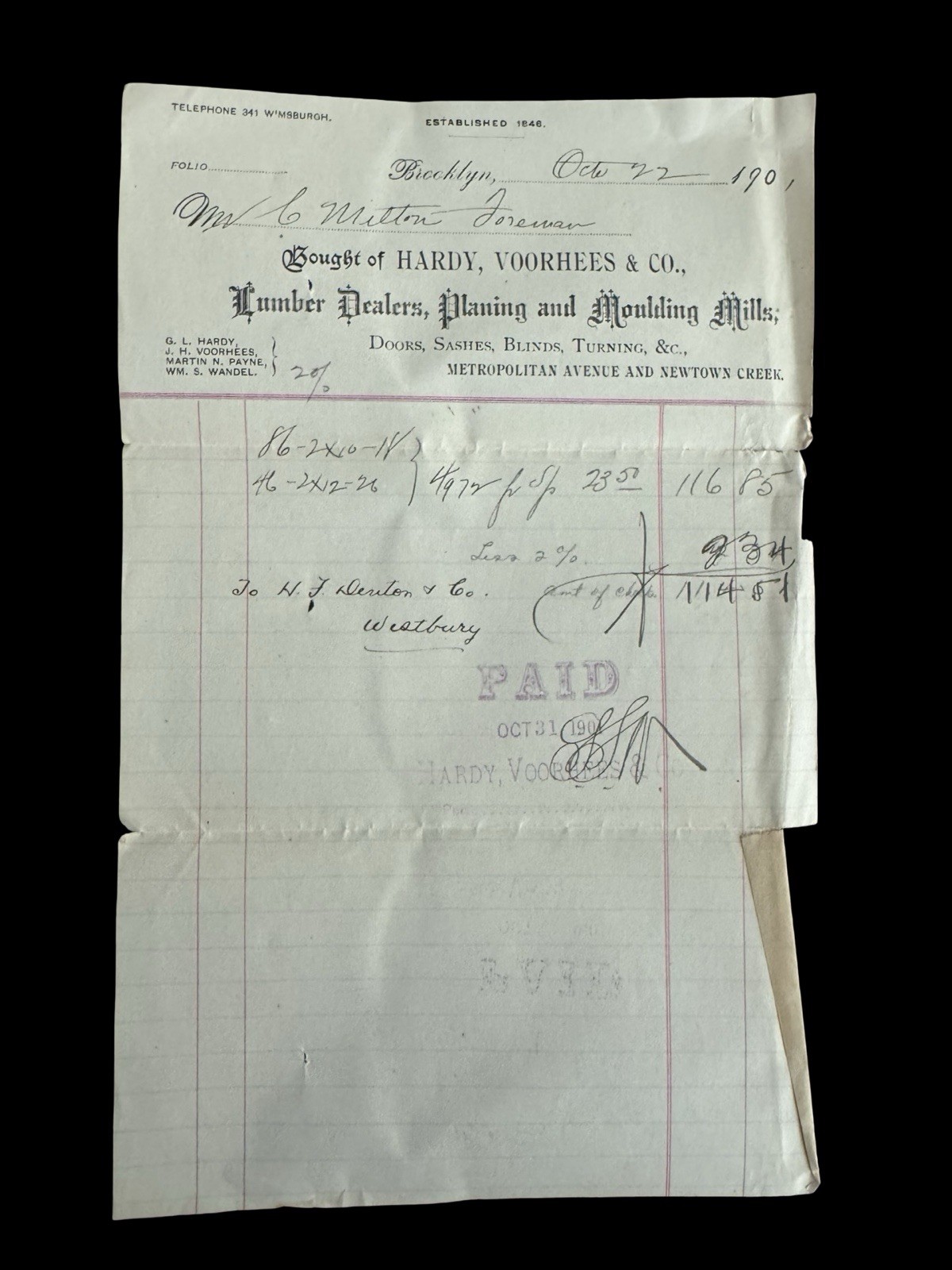 1900 Plumbing Mill Supply Billhead Newton Boston MA PAID Receipted 1900 Plumbing Mill Supply Billhead Newton Boston MA PAID Receipted
