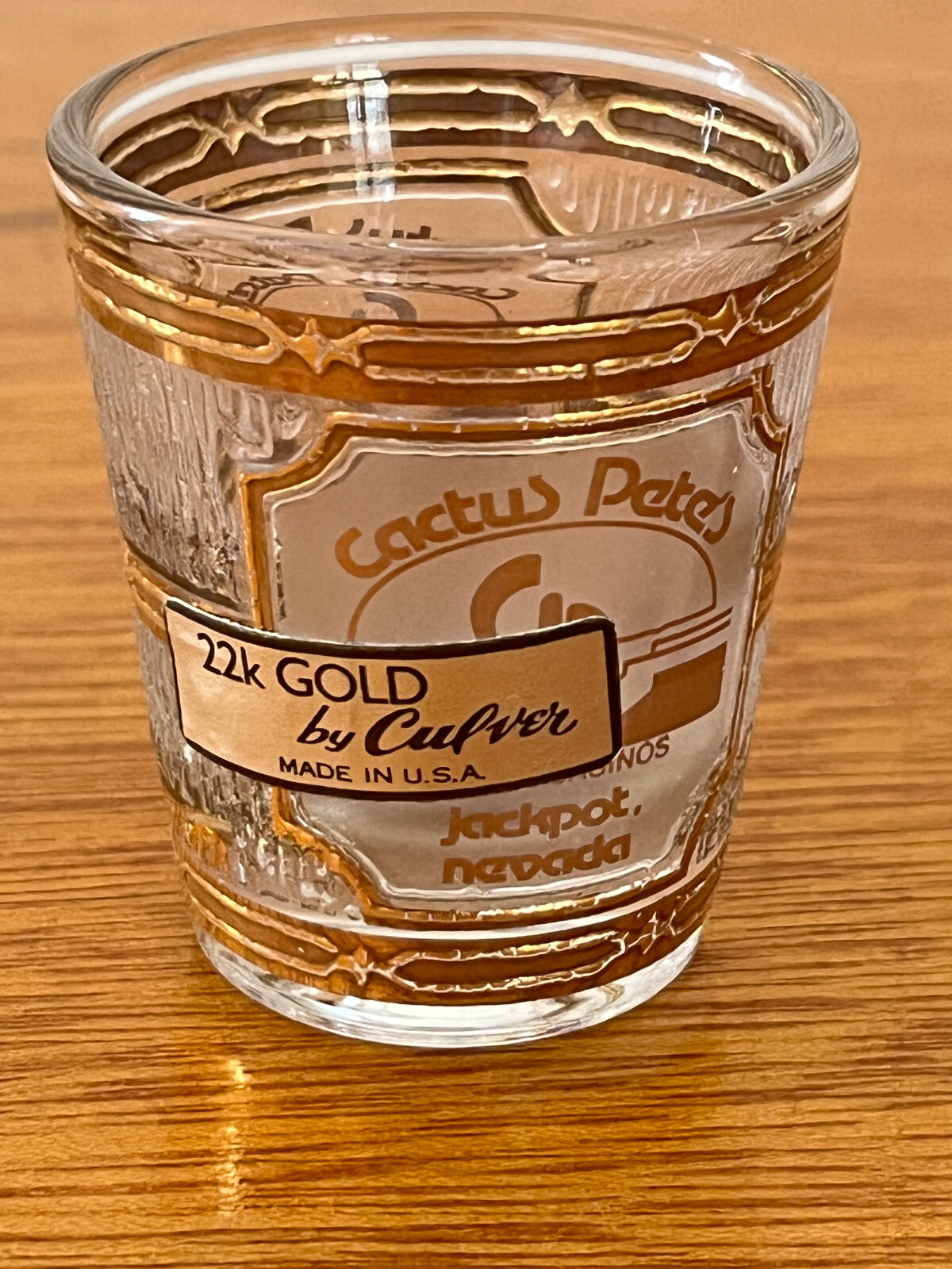 22KT GOLD BY CULVER CACTUS PETE\'S RESORT CASINOS JACKPOT, NEVADA SHOT GLASS