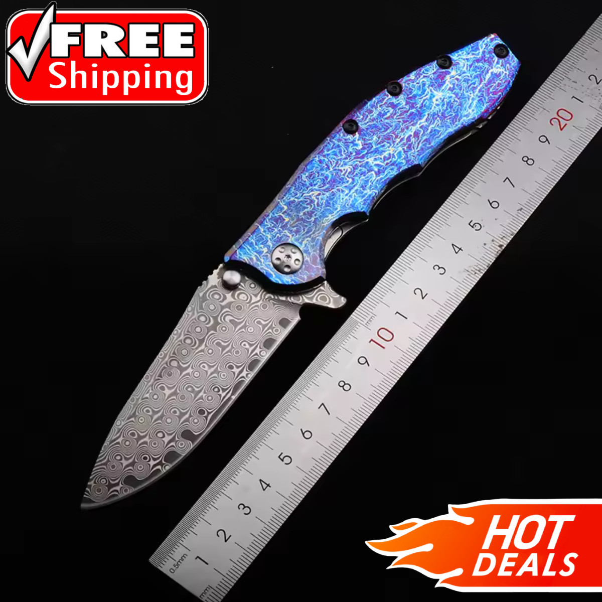 Damascus TC4 Titanium Alloy Anodized Blue Handle Outdoor Camping EDC Pocketknife Damascus TC4 Titanium Alloy Anodized Blue Handle Outdoor Camping EDC Pocketknife