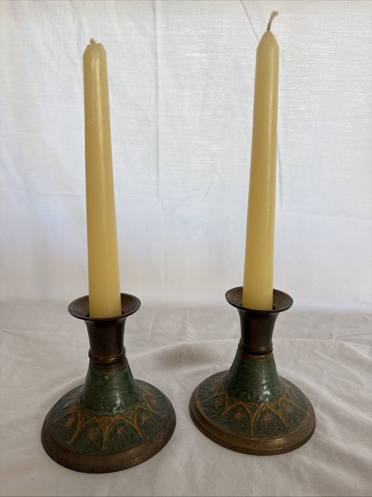 Vintage Solid Brass Candle Holders Pair Hand Painted Floral India Boho Decor MCM