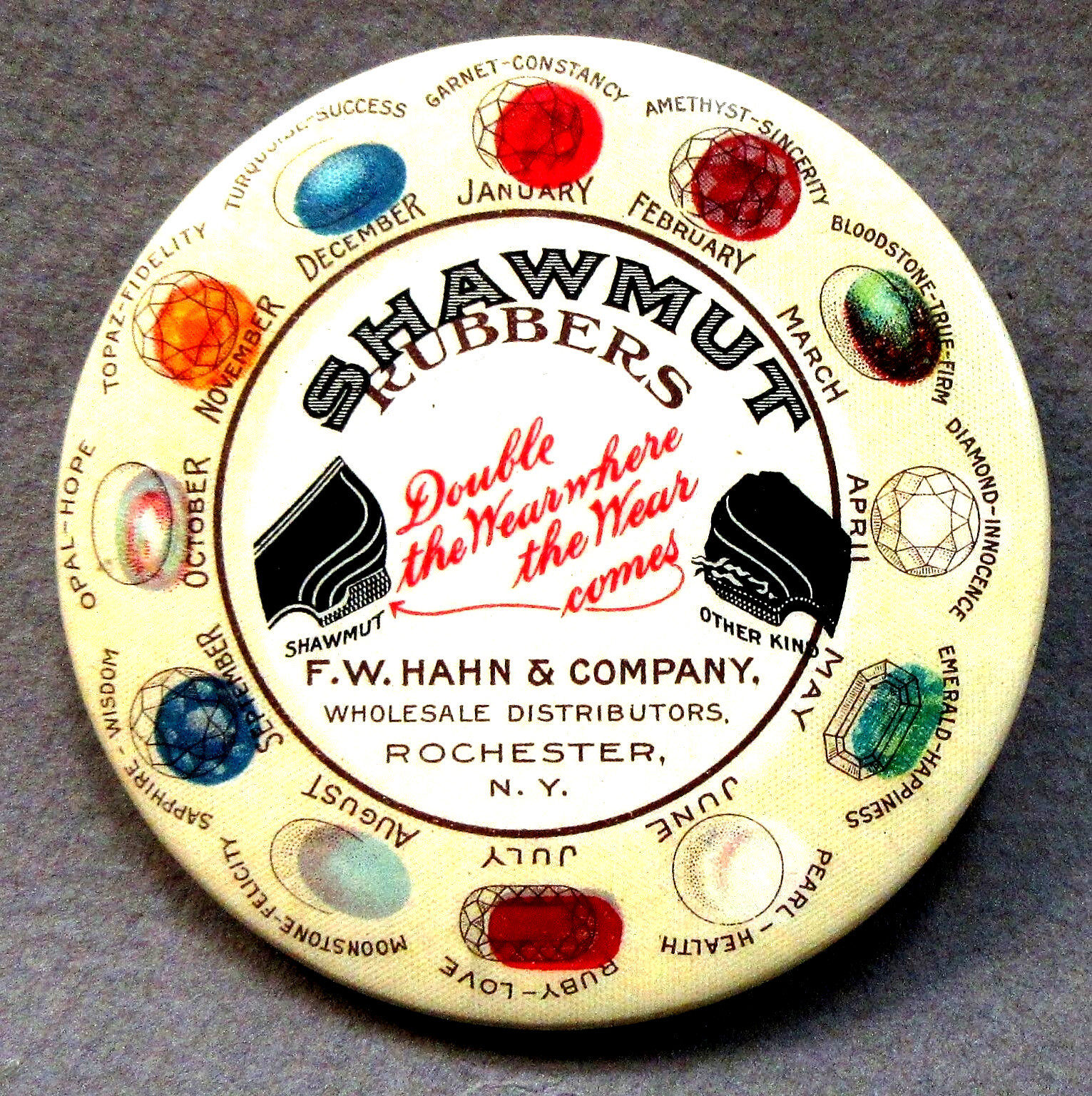 c.1915 SHAWMUT RUBBERS Hahn Co. ROCHESTER NY Calendar celluloid pocket mirror *