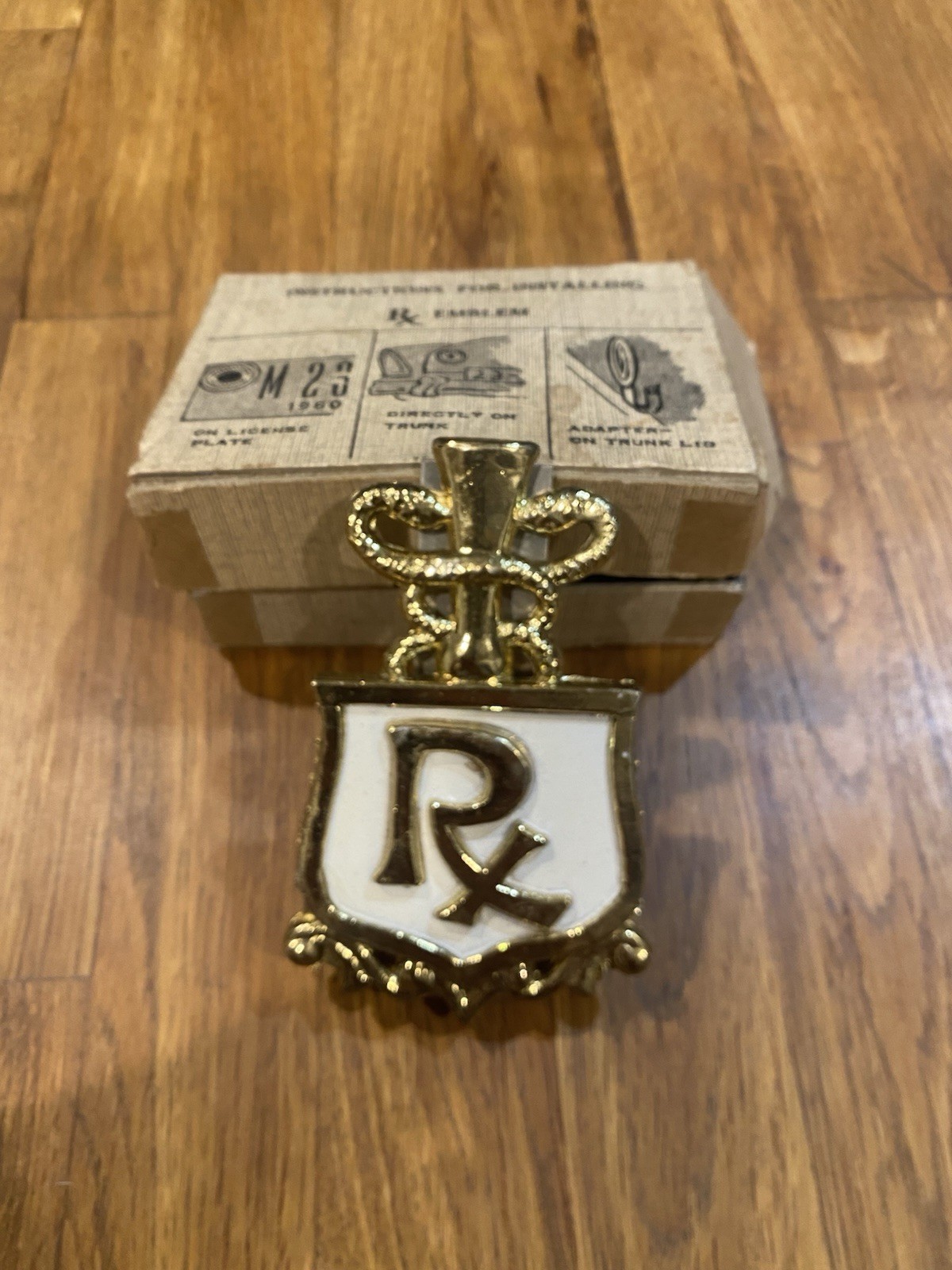 Vintage Rx Pharmacist Car Emblem License Plate Topper Shield Caduceus In Box