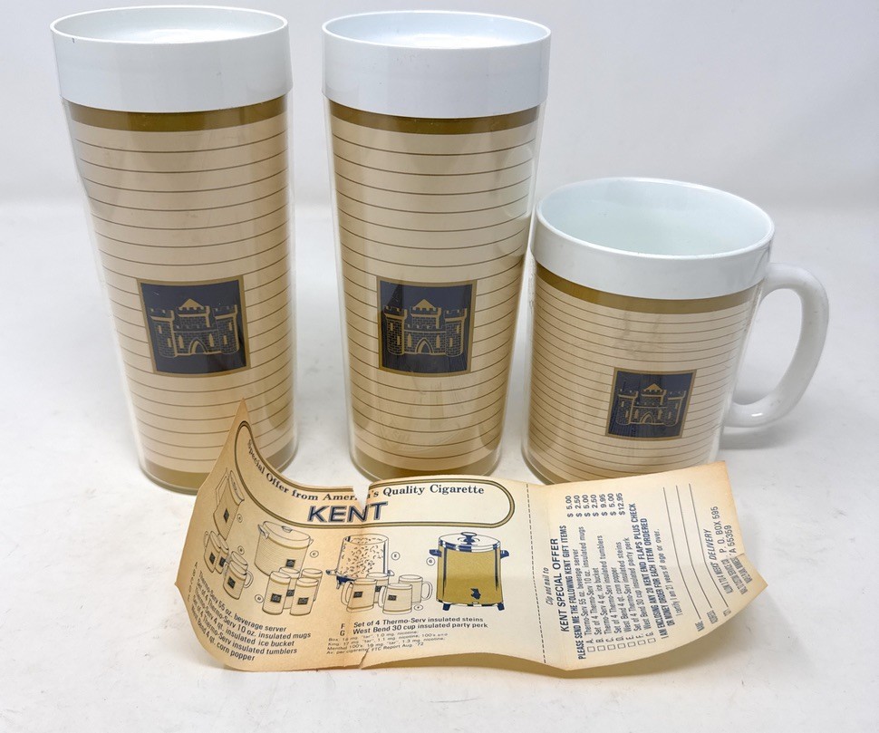 Set 3 Vtg KENT Cigarette Logo advertising Thermo Serv tumblers insulated glasses