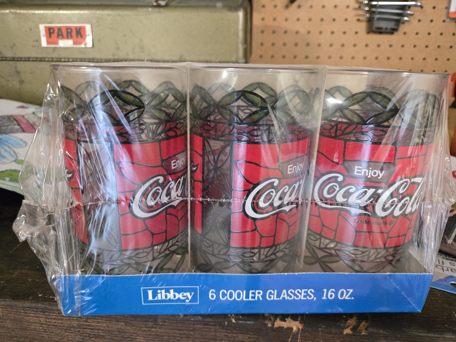 New Old Stock Vintage Tiffany Style Coke Glasses, Set of 6. Original Packaging 