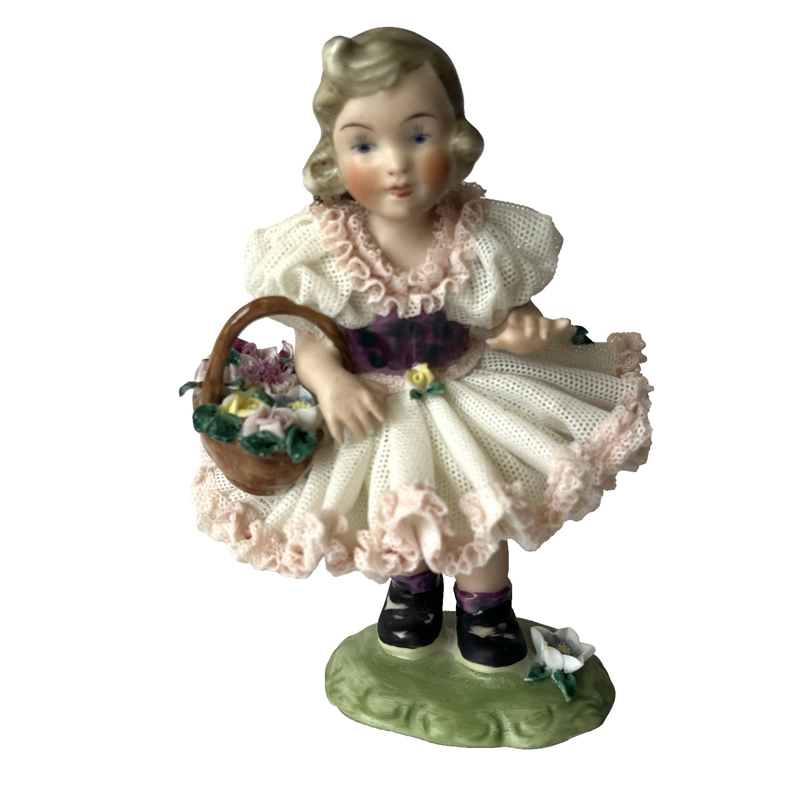Vtg Rudolf Kammer Porcelain Girl Figurine Lace Flower Basket Darling Germany