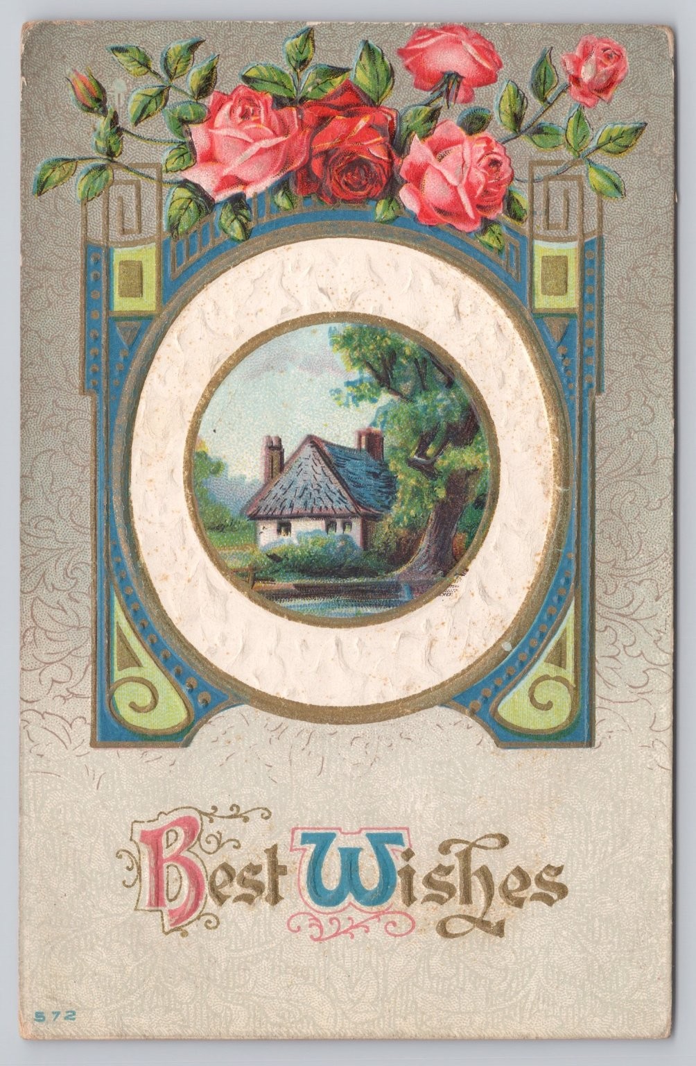 1911 Best Wishes Embossed Postcard Cottage & Roses Zelienople PA Postmark