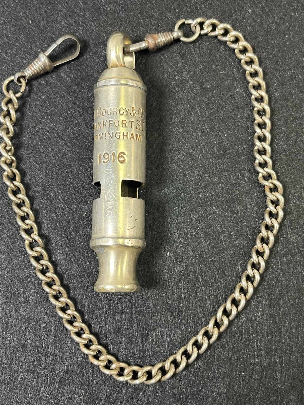 WW1 1916 Courcy & Co Frankfort St Birmingham British Trench Whistle w/ Chain WWI