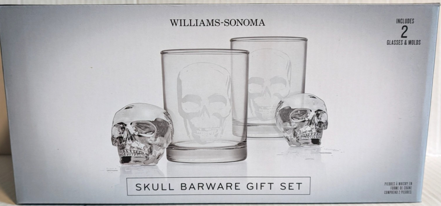 Williams-Sonoma Skull Barware Gift Set - 2 Etched Glasses & 2 Ice Molds - New