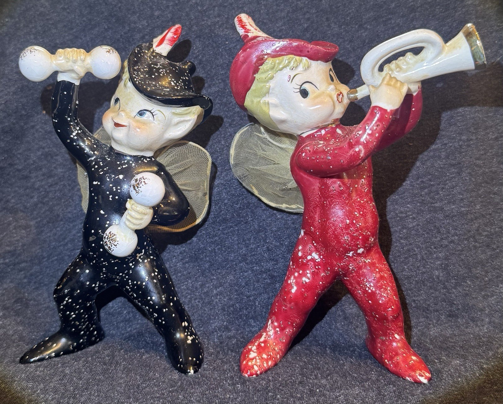 Vintage Sonco Japan Christmas Pixie Elf Figurines Pair MCM Musical Red Black Vintage Sonco Japan Christmas Pixie Elf Figurines Pair MCM Musical Red Black