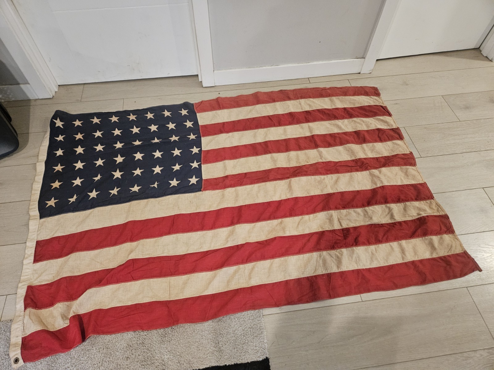 Vintage 48 Star American Flag WWII Era Sewn Cotton Bunting 64x42 Antique US Flag