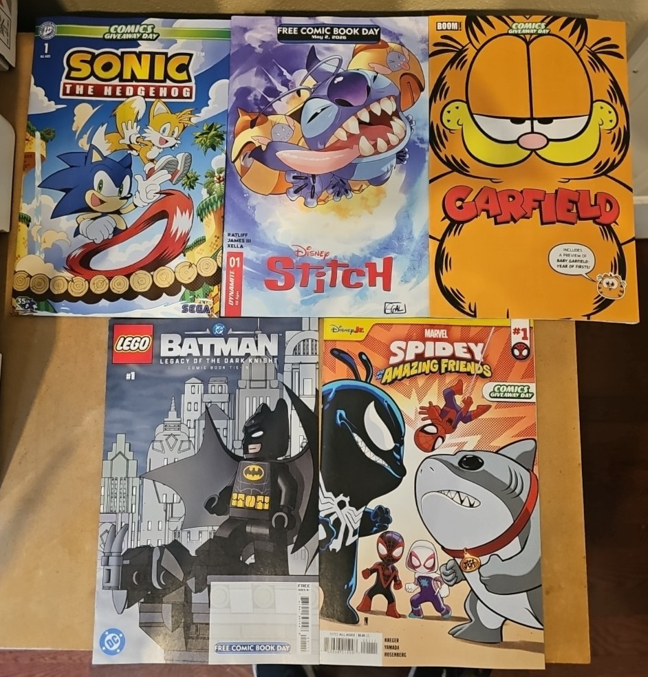 FCBD 2026 Kids Comic Book Lot - Sonic, Stitch, Garfield, Lego Batman, Spidey FCBD 2026 Kids Comic Book Lot - Sonic, Stitch, Garfield, Lego Batman, Spidey