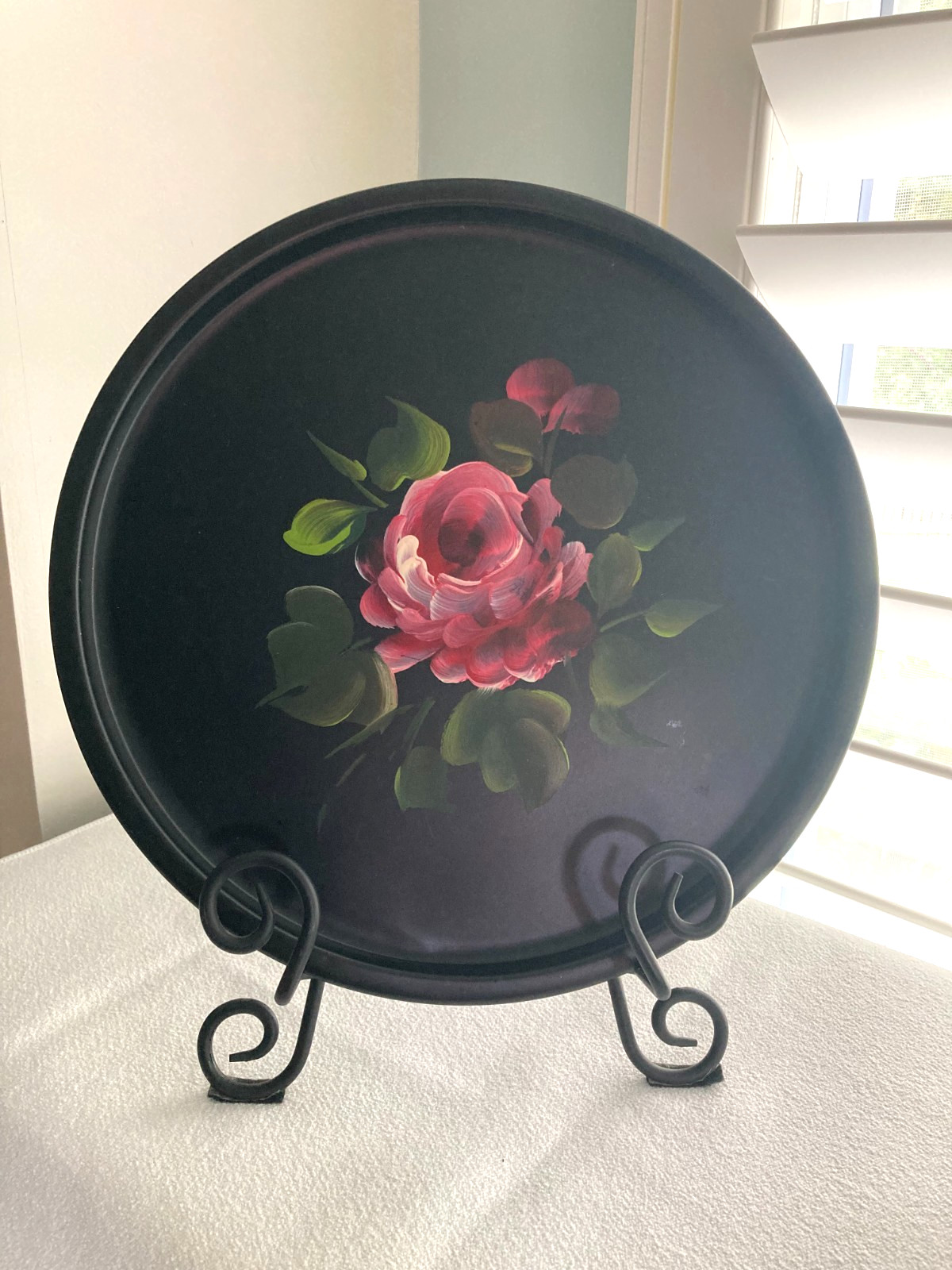 Vintage Hand Painted Rose Floral Toleware Metal Tray 11
