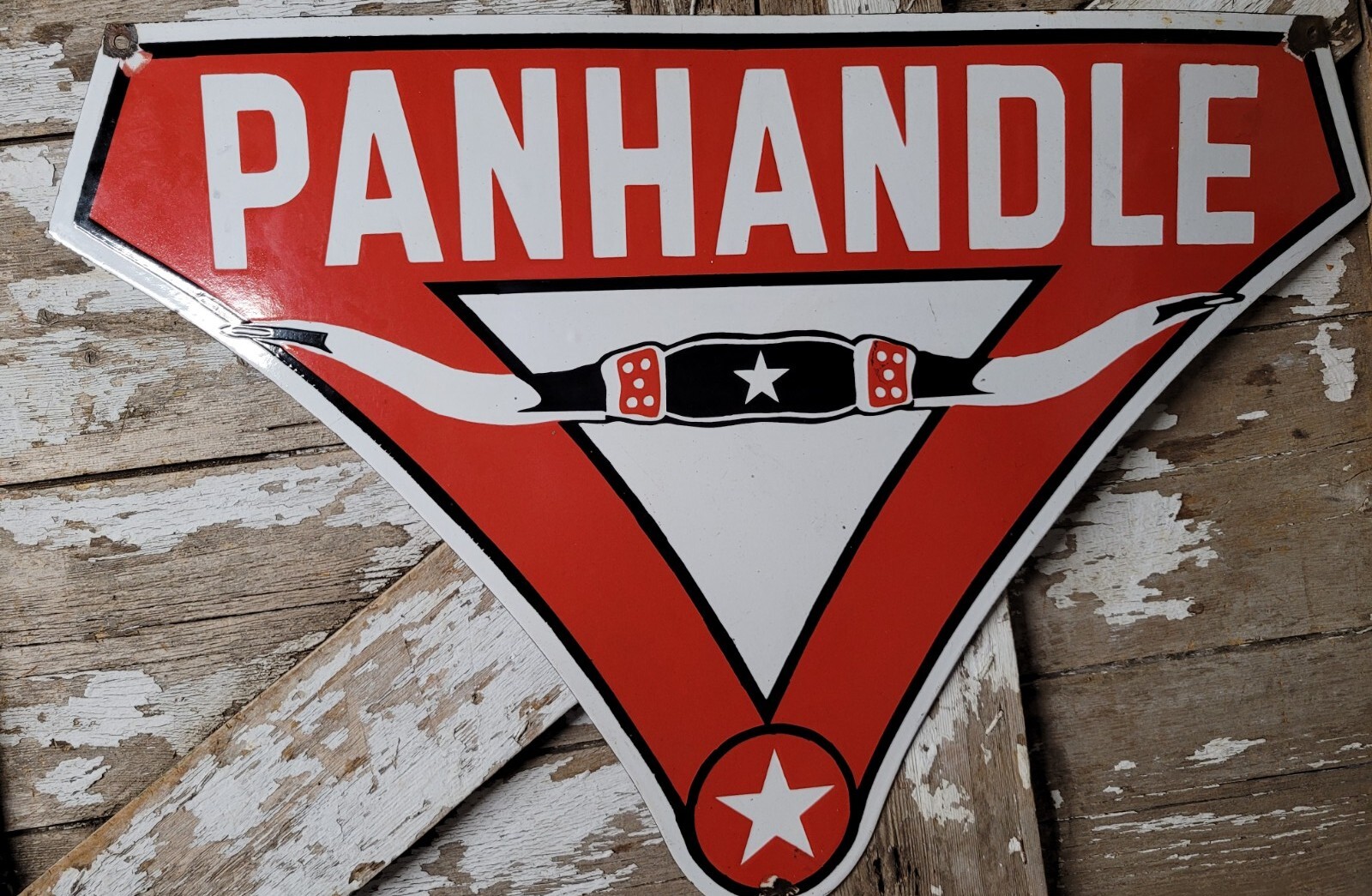 VINTAGE PANHANDLE PORCELAIN SIGN OLD TEXAS OIL GAS PETROLEUM CATTLE COW HORN 36\ VINTAGE PANHANDLE PORCELAIN SIGN OLD TEXAS OIL GAS PETROLEUM CATTLE COW HORN 36\