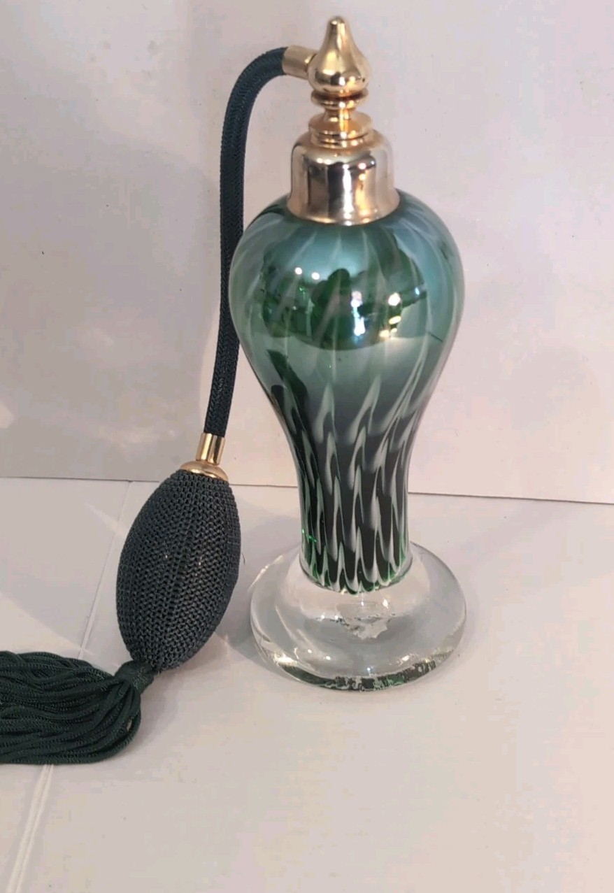 Vintage Irice Art Glass Perfume Atomizer Green White Swirl EMPTY Bottle 1970s 
