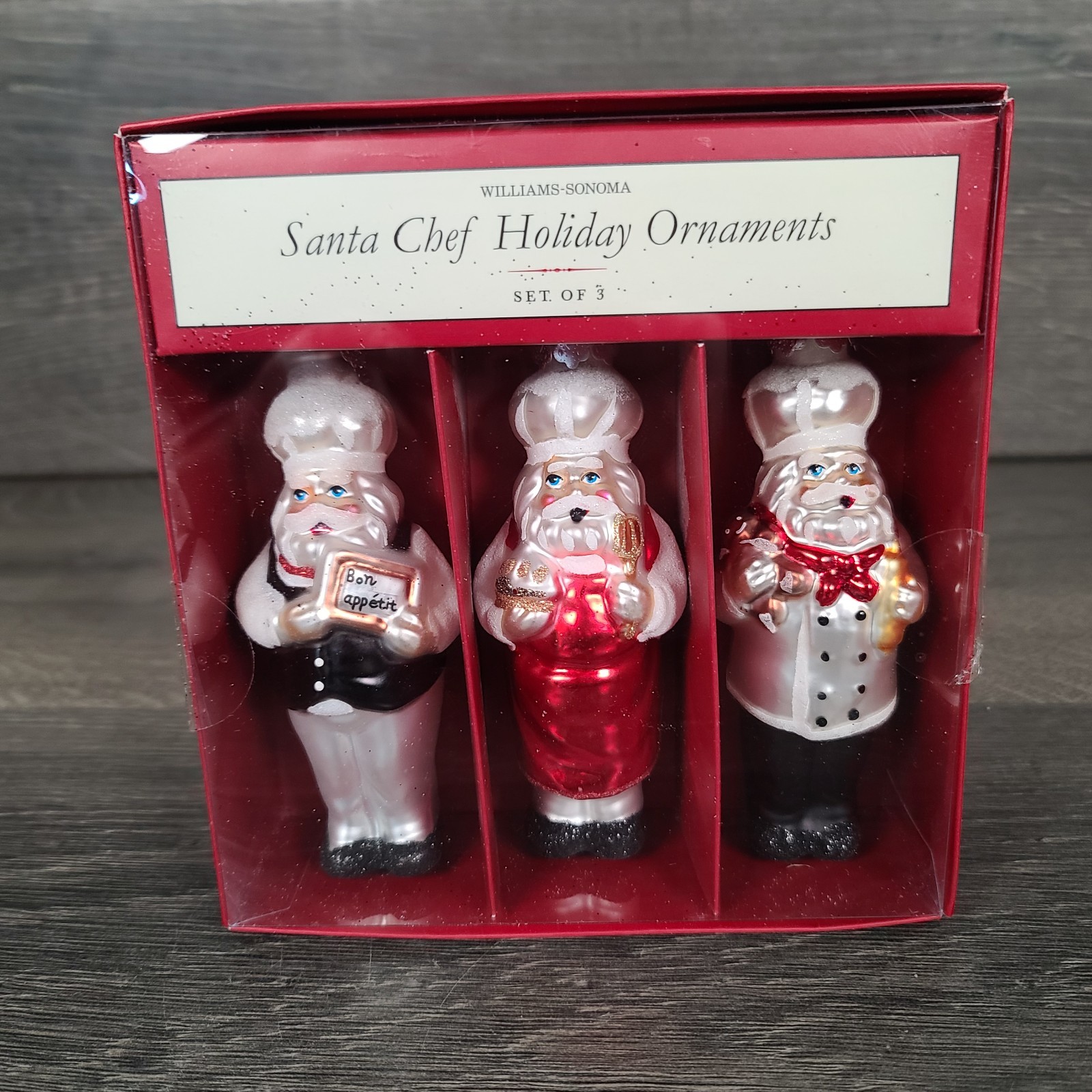 NIB Williams Sonoma Holiday Christmas Ornament Santa Chef Set of 3 Glass 2012