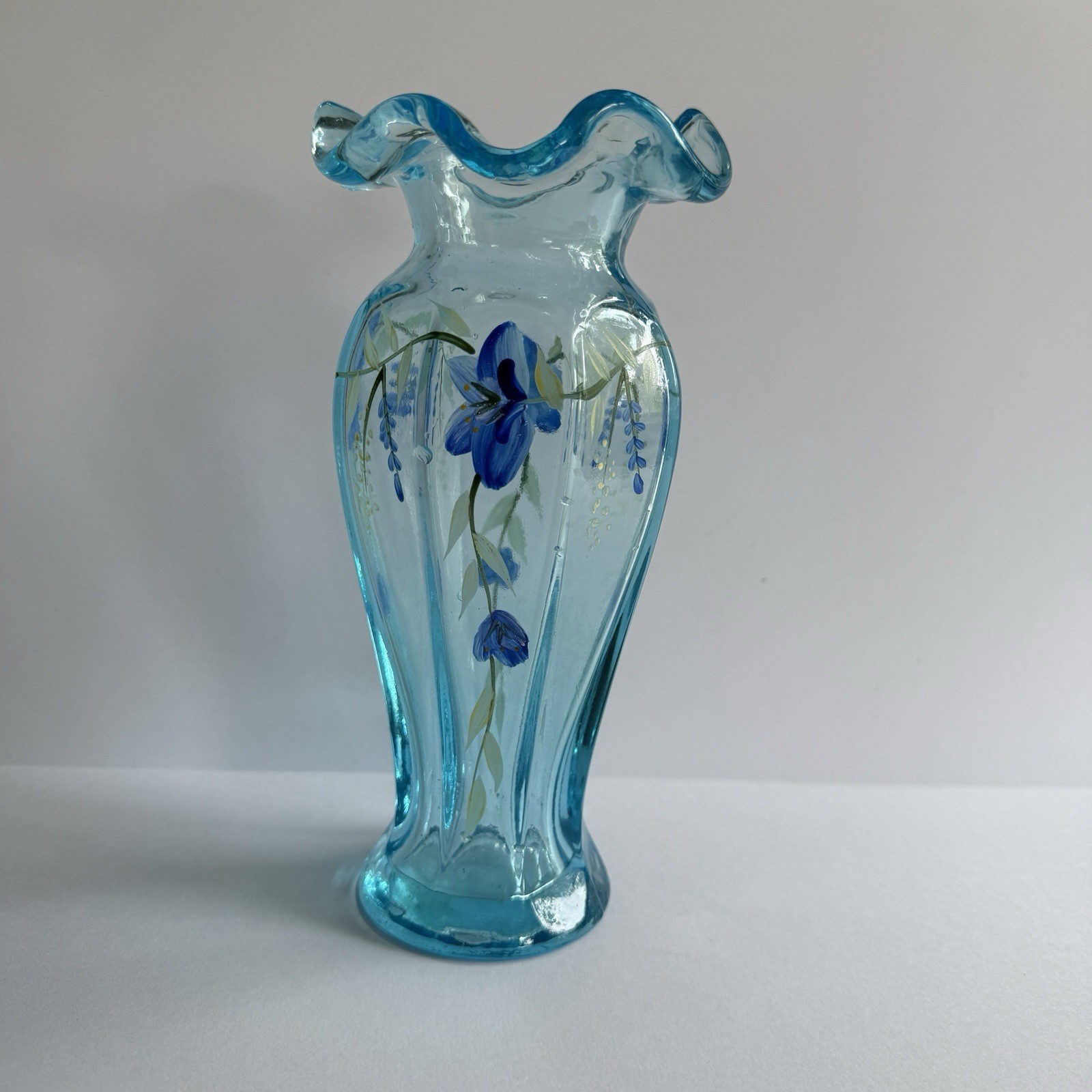 Vintage Fenton Tranquility Blue Glass Vase 7.5”