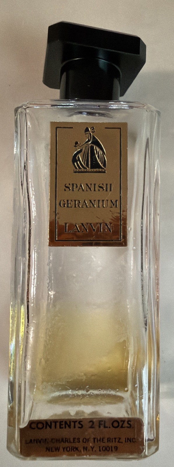 VTG Lanvin Spanish Geranium 2oz Perfume Bottle Engraved Cap Charles of the Ritz