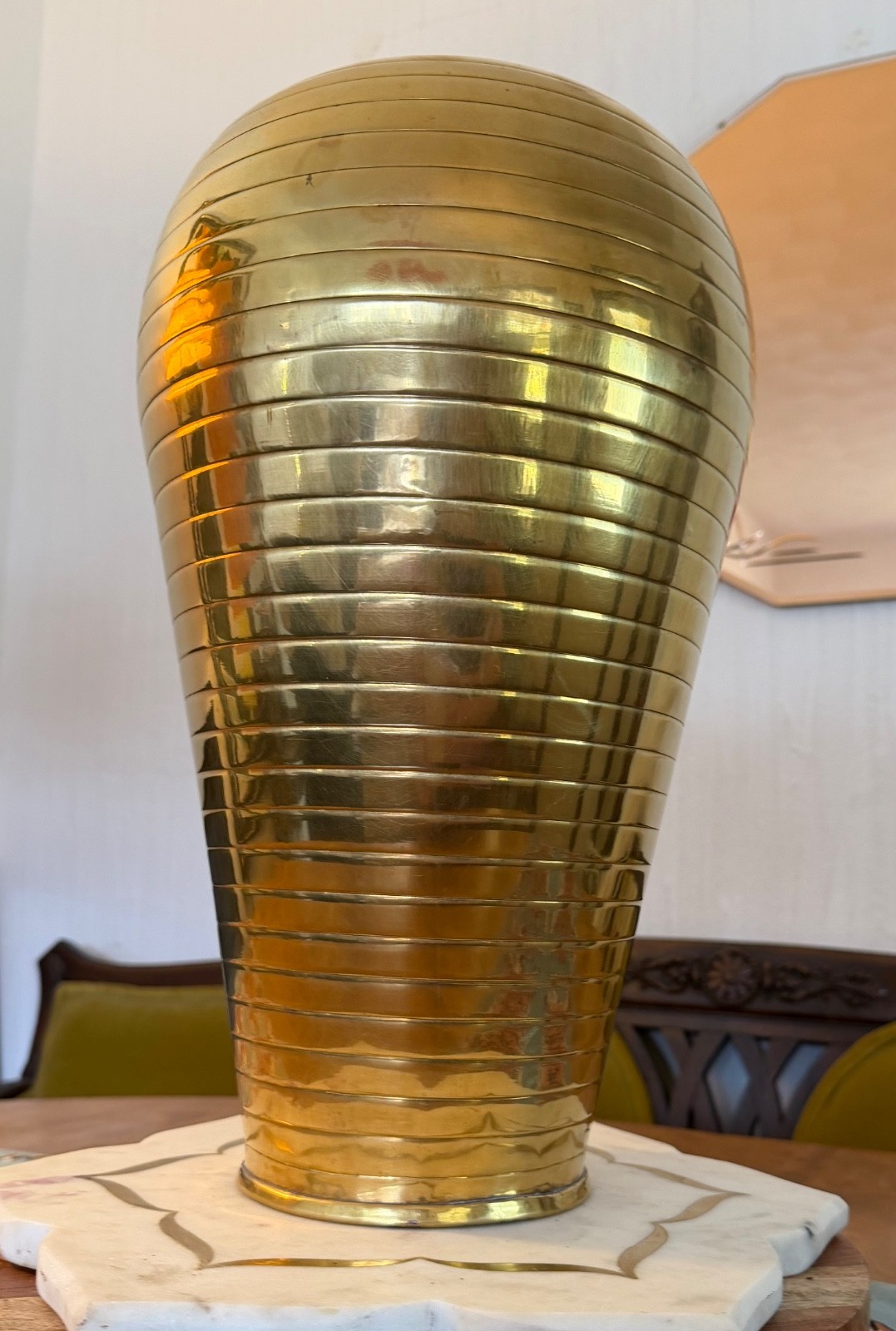 VTG Solid Brass Large Floor Vase Ribbed With Warm Gold Patina 17