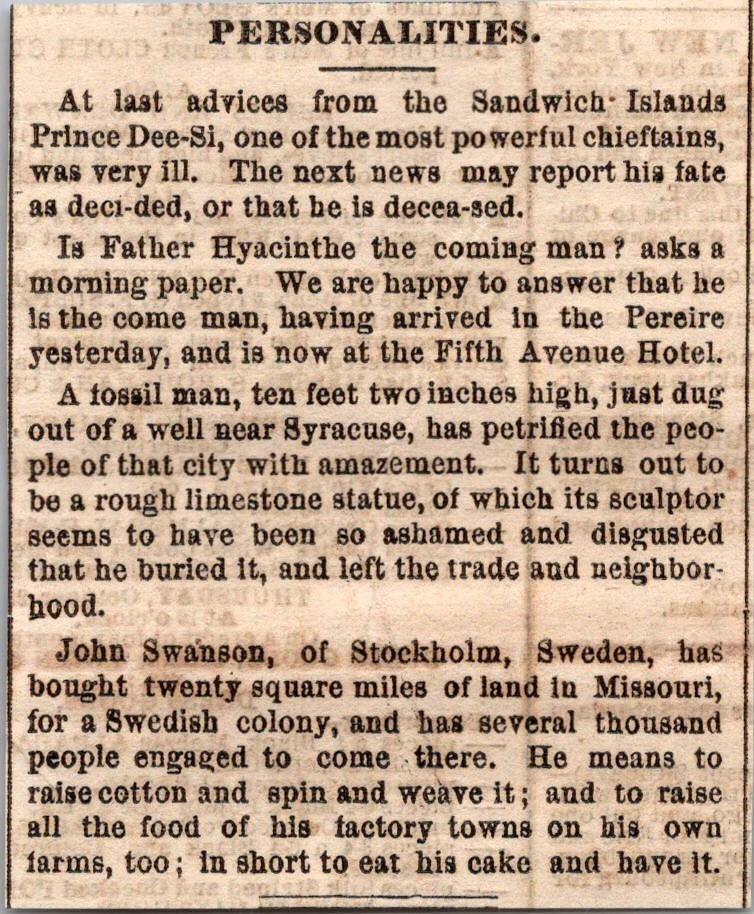 Ill Prince Dee-Si Very Ill 5th Ave Hotel John Swanson 1869 NY Clipping TAJ7-M16