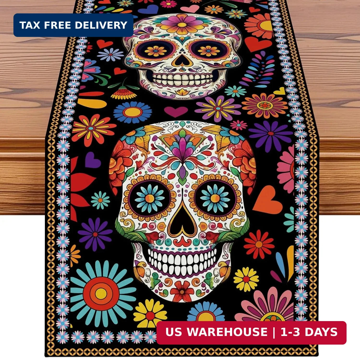 Day of The Dead Sugar Skull Flowers Mexican Table Runner, Ultra Soft Di Day of The Dead Sugar Skull Flowers Mexican Table Runner, Ultra Soft Di