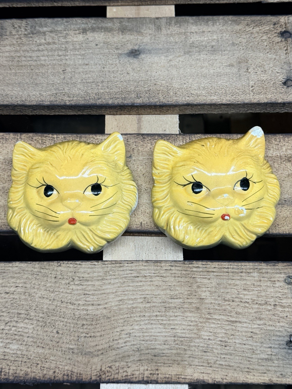 Vtg 1954 Miller Studio Inc Yellow Cat Chalkware Face Kitty Tongue Wall Decor (2)
