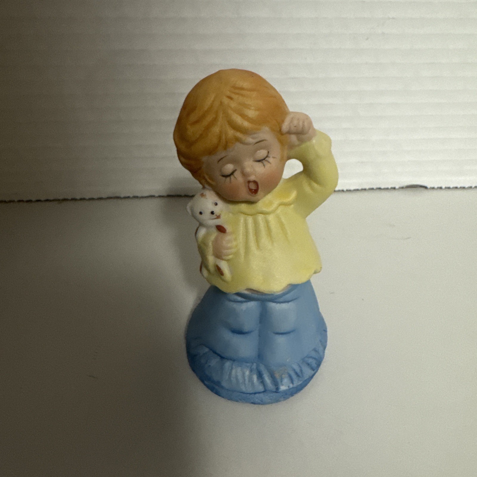 VTG Enesco Sleepy Yawning Cute Child Girl Holding Teddy Bear Porcelain Bell 4\
