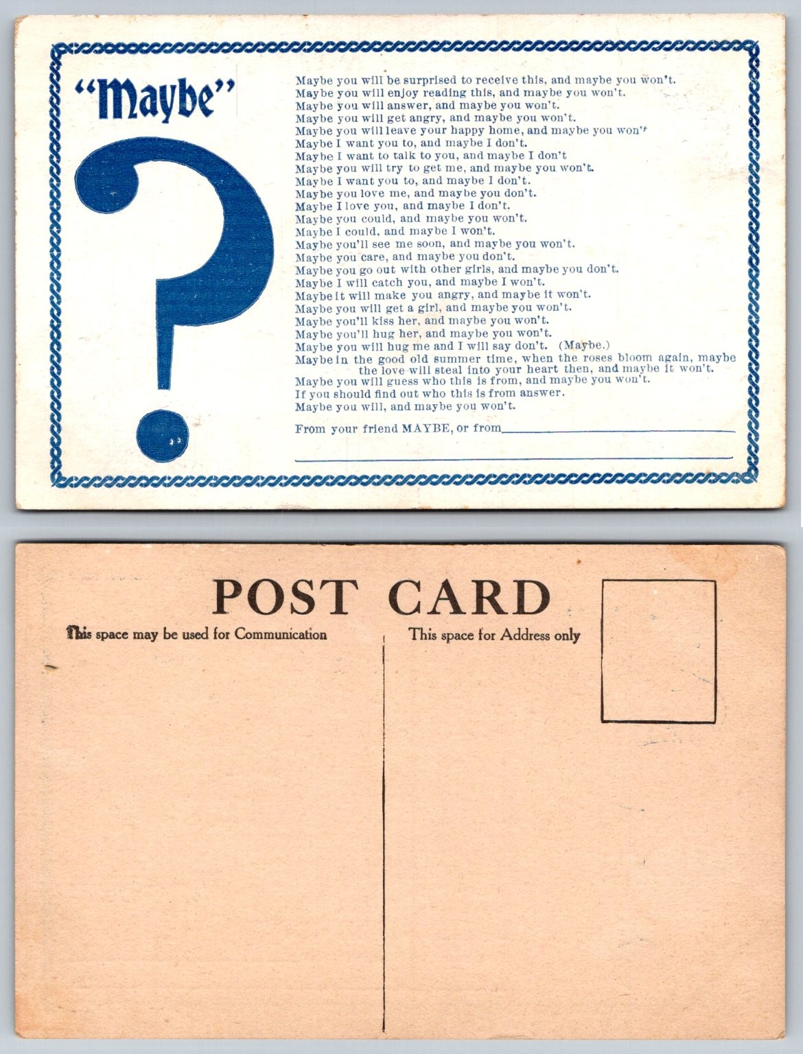 Vintage Maybe? Mystery Sentimental Poem Postcard - Early 1900s Unposted Vintage Maybe? Mystery Sentimental Poem Postcard - Early 1900s Unposted
