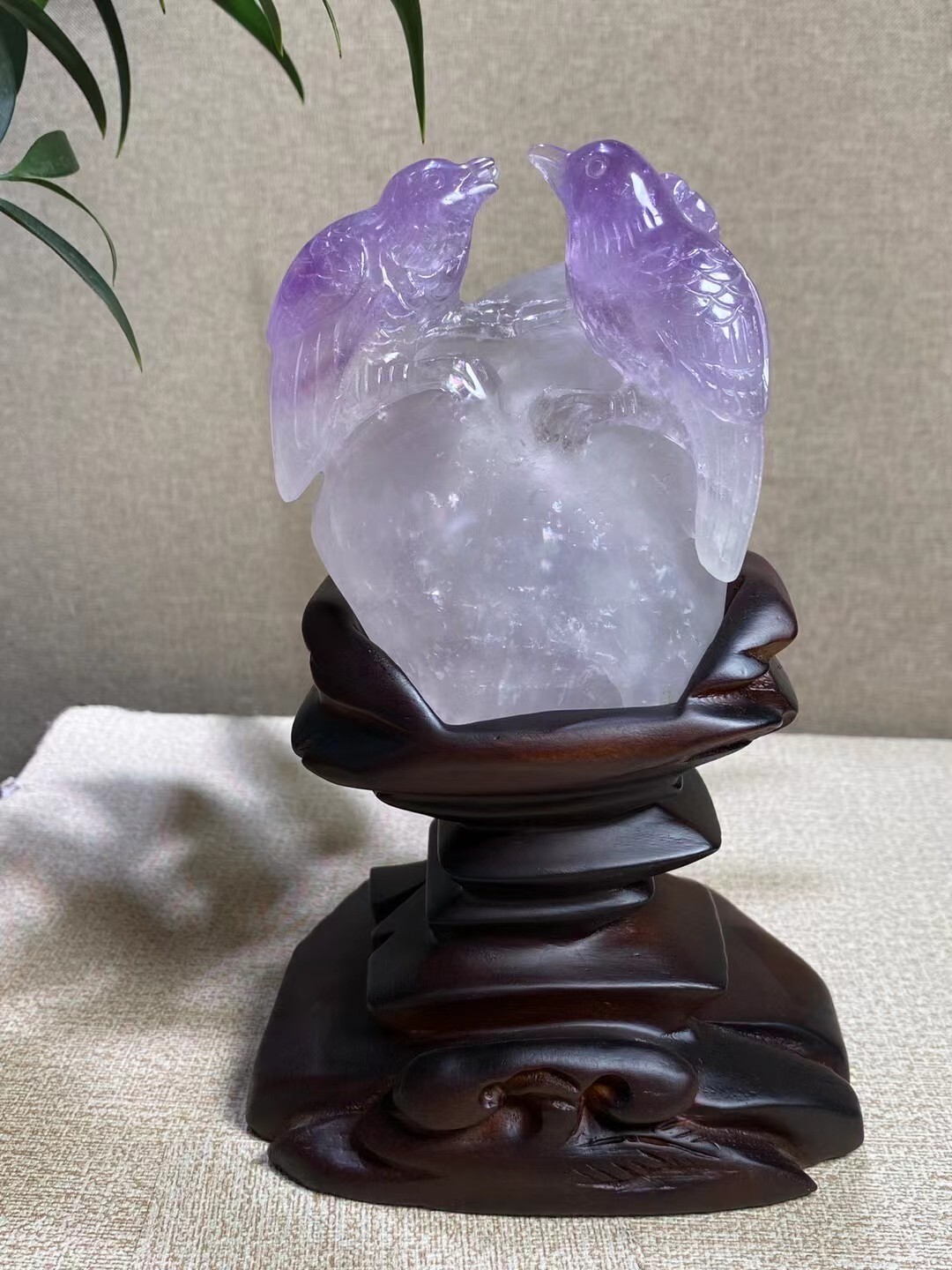 756g top！natural Amethyst Pretty coquette skull quartz crystal hand carved+stand