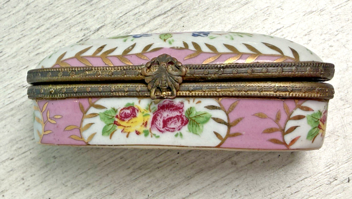 Vintage MCM Limoges Style Hand Painted Floral Oval Trinket or Pill Box Unsigned