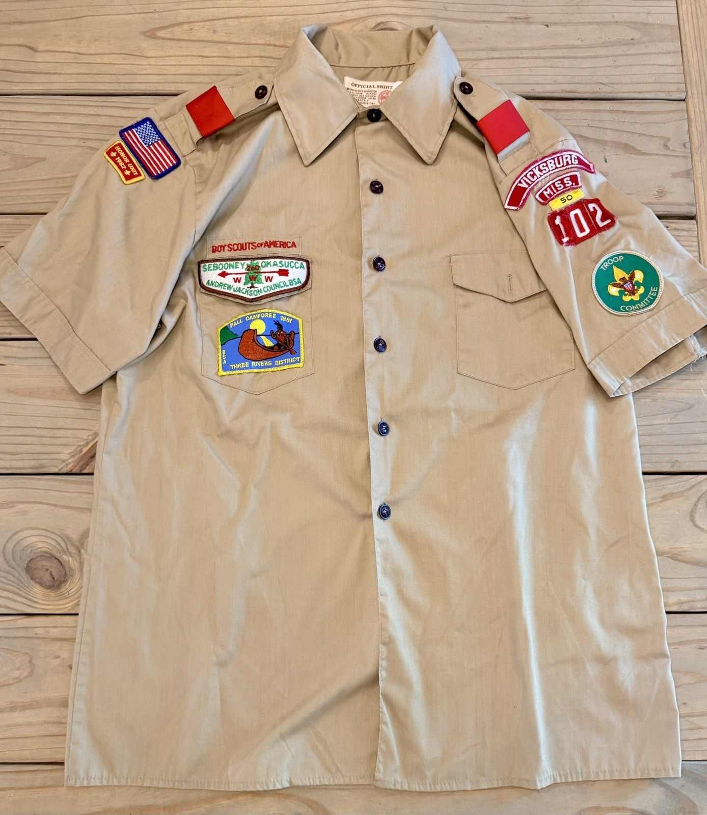 Vintage 1981-82 BSA Boy Scout Shirt Vicksburg MS Troop 102 OA Lodge 260