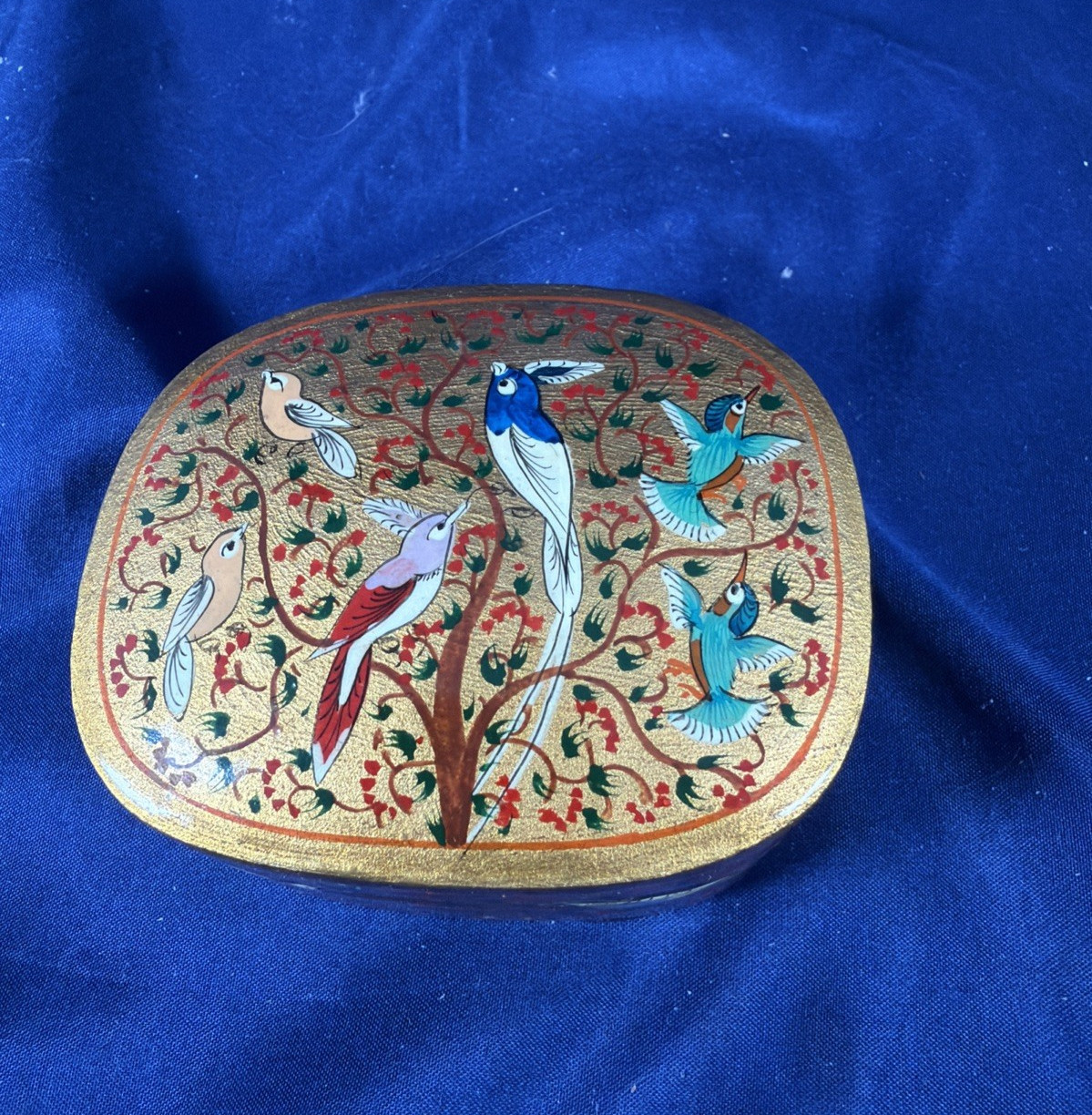 Vintage Kashmiri Papier Mache Trinket Box Hand Painted Birds Floral India Vintage Kashmiri Papier Mache Trinket Box Hand Painted Birds Floral India
