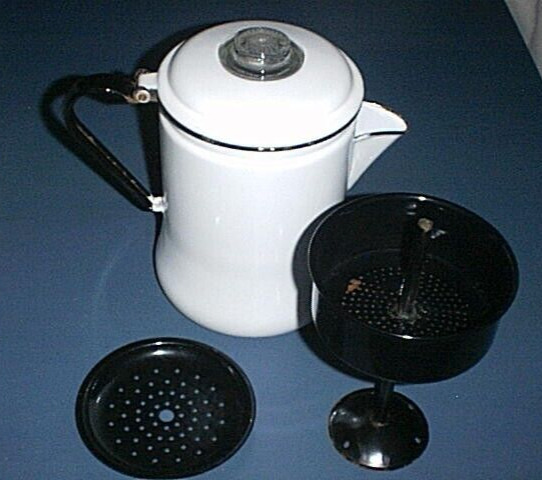 Vtg White Enamelware 10 Cup Coffee Pot with Black Basket & Glass Percolator Top