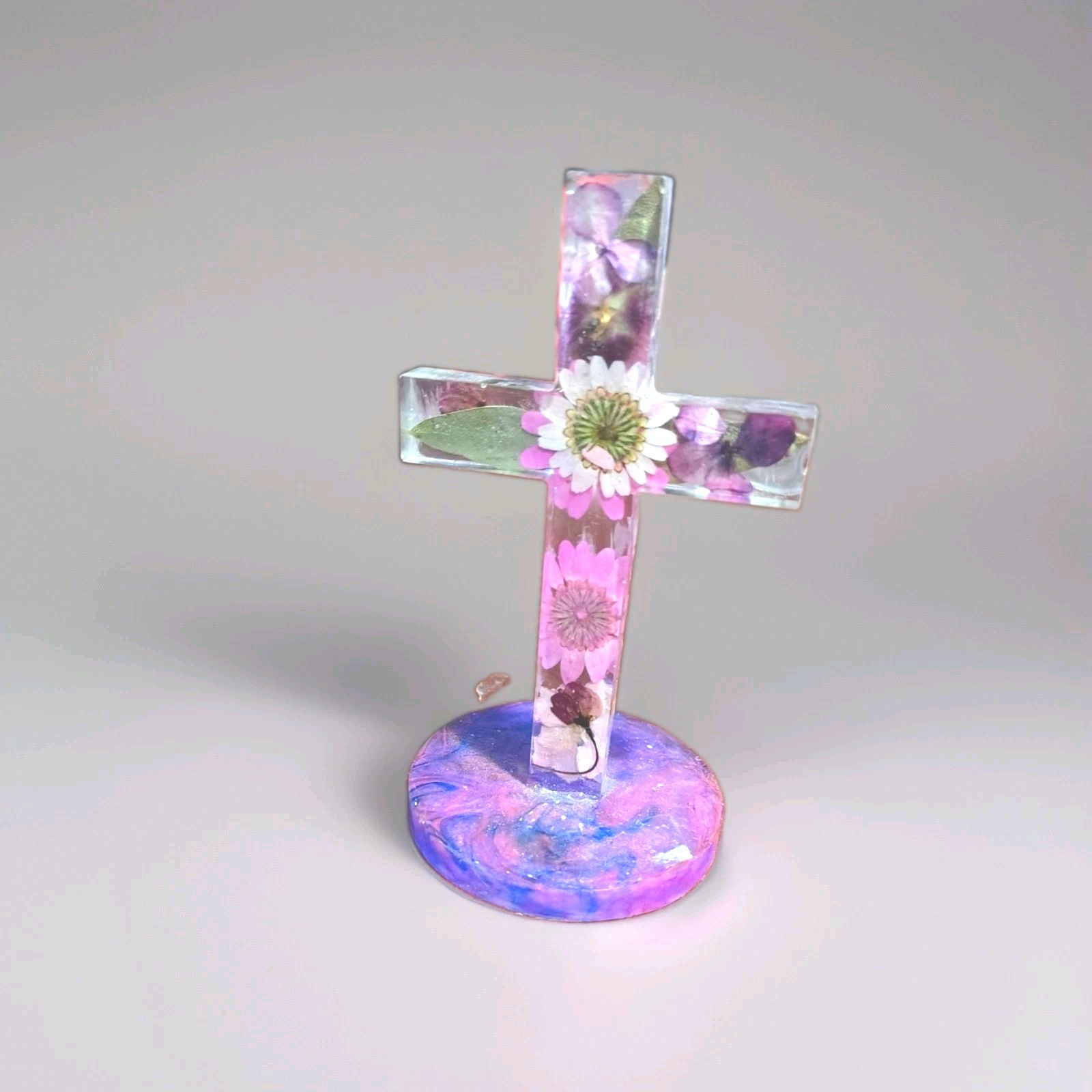 Handmade  Resin Floral Cross  on Round Base, Christianity Christmas Decor