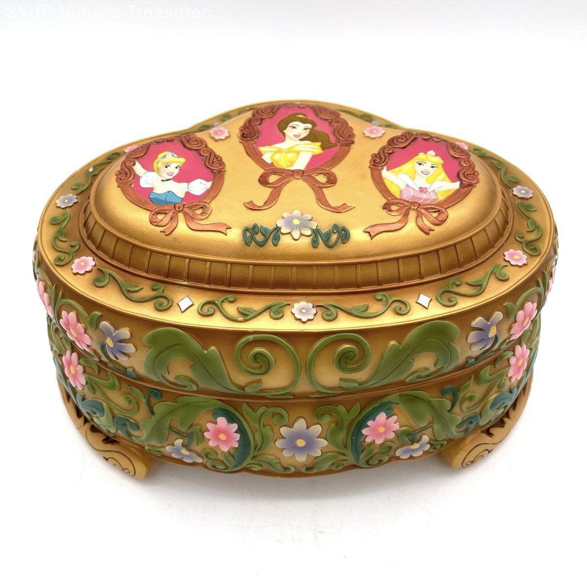 VTG Disney Princess Musical Jewelry Box Sankyo Beauty & Beast Cinderella Aurora