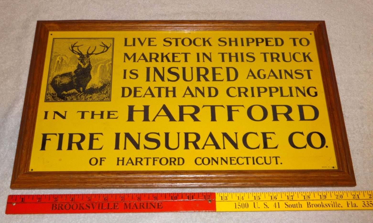 VINTAGE ANTIQUE HARTFORD FIRE INSURANCE AGAINST DEATH CRIPPLING DEER METAL SIGN