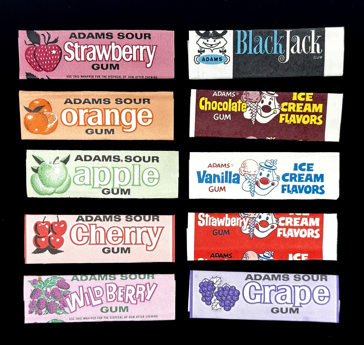 Lot of 10 Vintage Adams Gum Wrappers ~ Blackjack Ice Cream Wild Berry Grape Lot of 10 Vintage Adams Gum Wrappers ~ Blackjack Ice Cream Wild Berry Grape