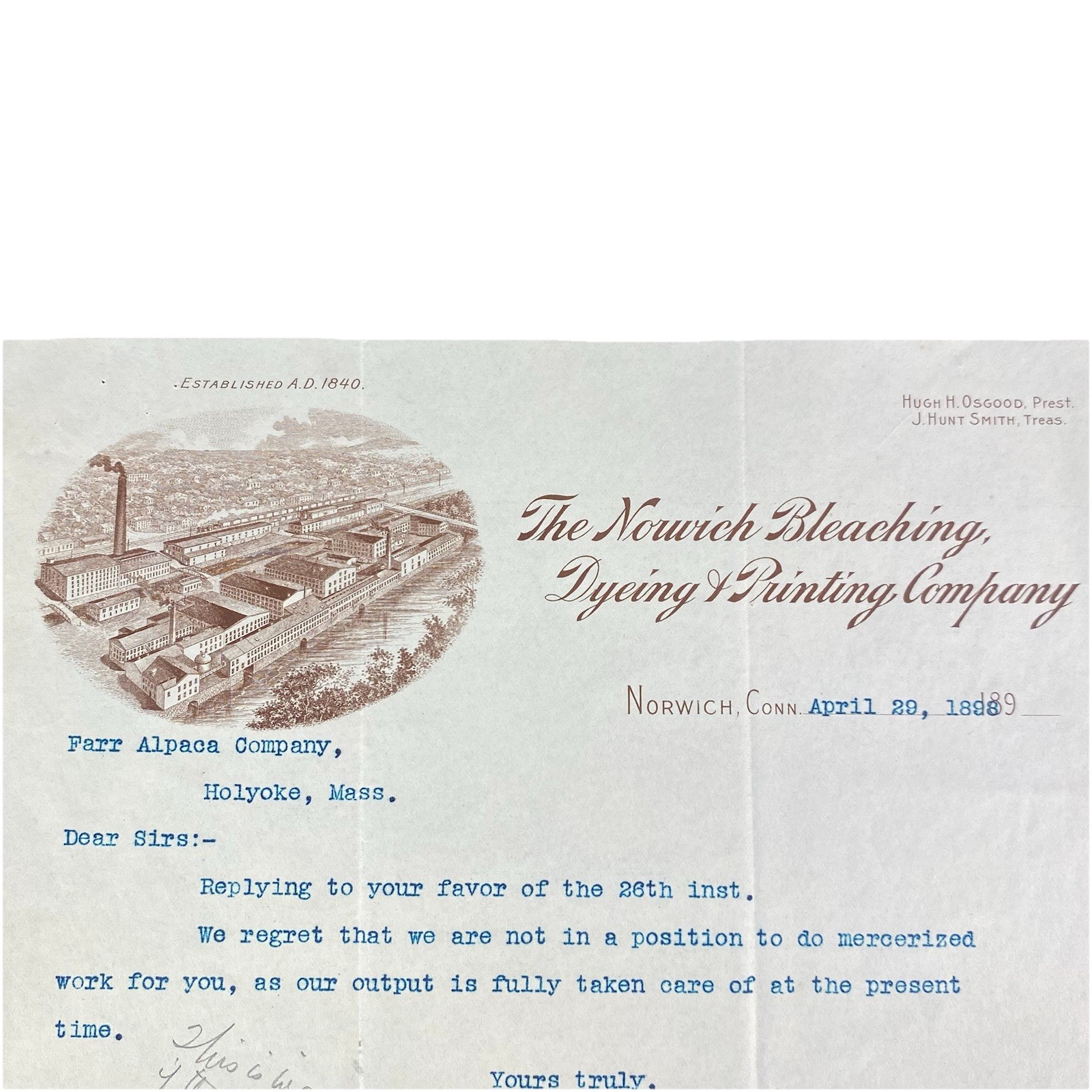 ATQ Letterhead The Norwich Bleaching Dyeing & Printing Company Connecticut 1899 ATQ Letterhead The Norwich Bleaching Dyeing & Printing Company Connecticut 1899