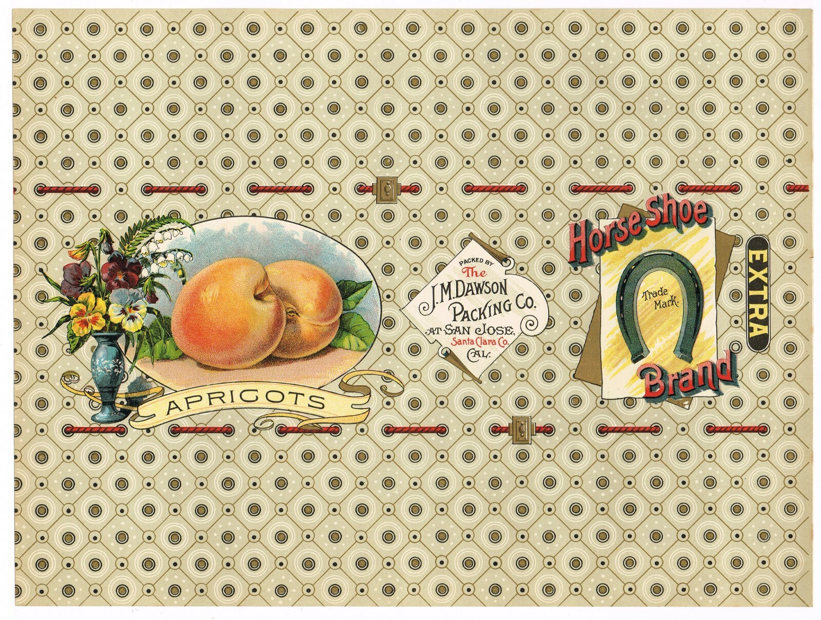 ORIGINAL ANTIQUE CAN LABEL C1880S HORSE SHOE J.M DAWSON SAN JOSE BIG 14X10.5