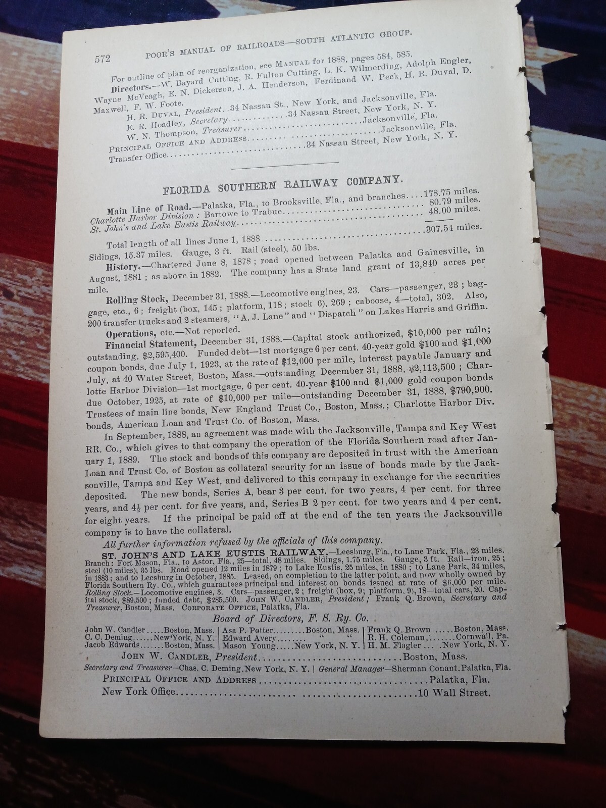 1889 Train Report FLORIDA SOUTHERN RAILWAY Palatka Bartowe Trabue Florida 