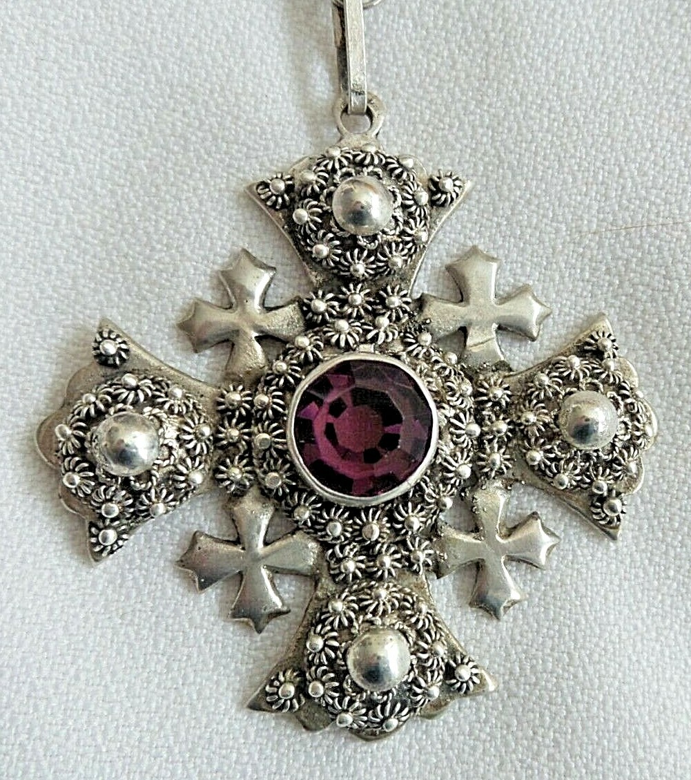 RARE ANTIQUE RELIGIOUS CELTIC CROSS BRITANNIA S950 WITH AMETHYST STONE 22\