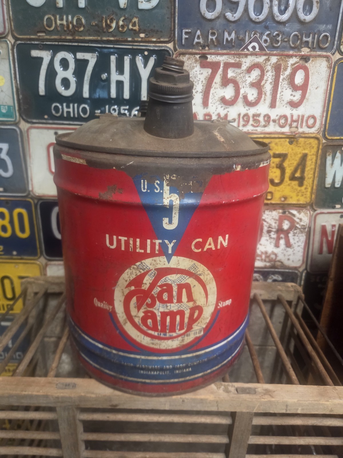 Vintage Van Camp 5 Gallon Can Advertising Metal Early Wood Handle