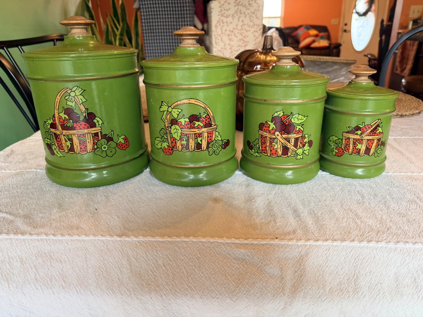 Kromex Green Metal Kitchen Canisters Set/4 with Berry Fruit Basket Motif Vintage