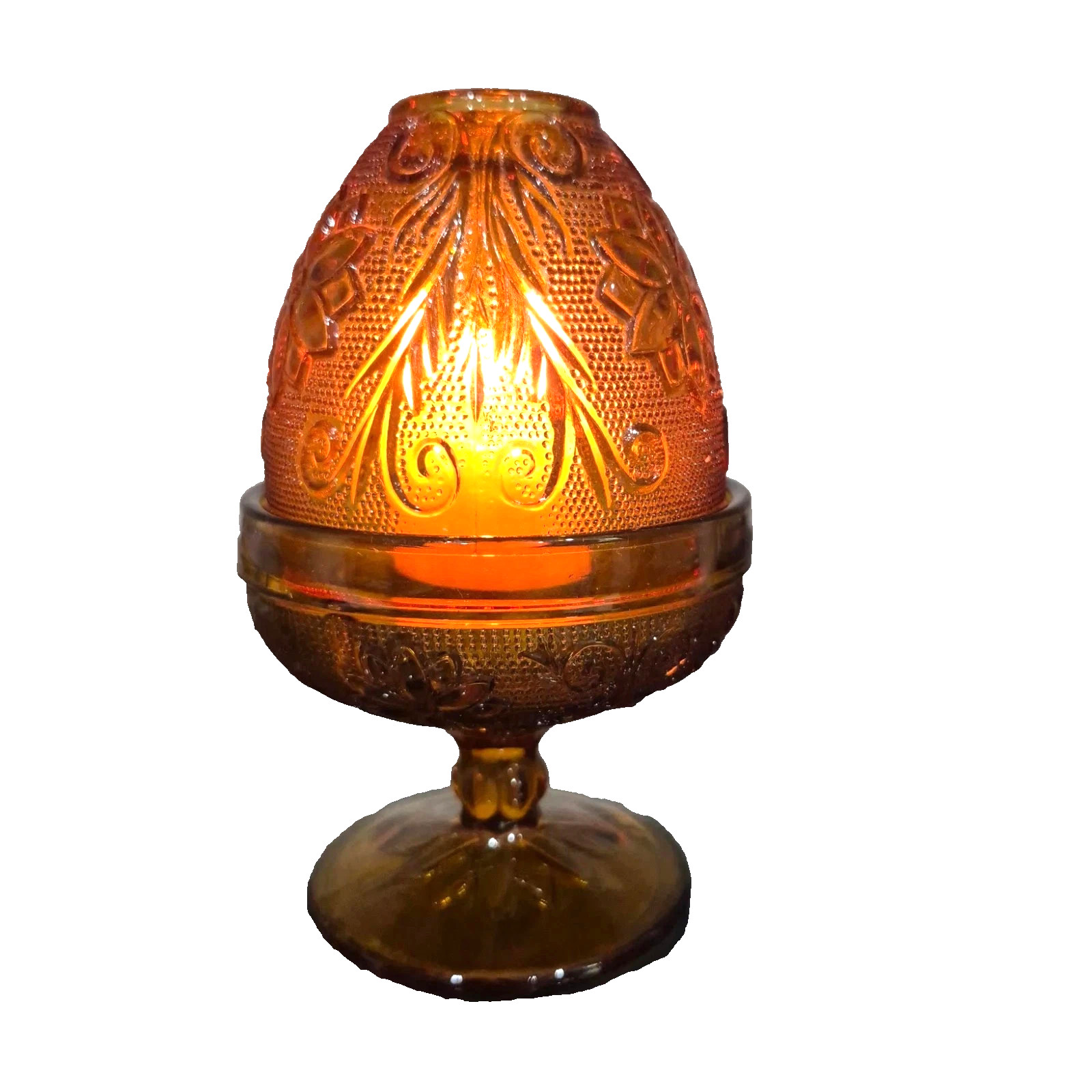 VTG MCM Tiara Indiana Glass Amber Sandwich Pattern Pedestal Fairy Lamp and Bell VTG MCM Tiara Indiana Glass Amber Sandwich Pattern Pedestal Fairy Lamp and Bell