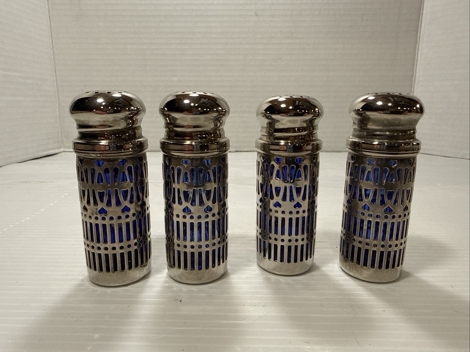 Vintage Cobalt Blue Glass Silverplate Salt & Pepper Shakers (4)