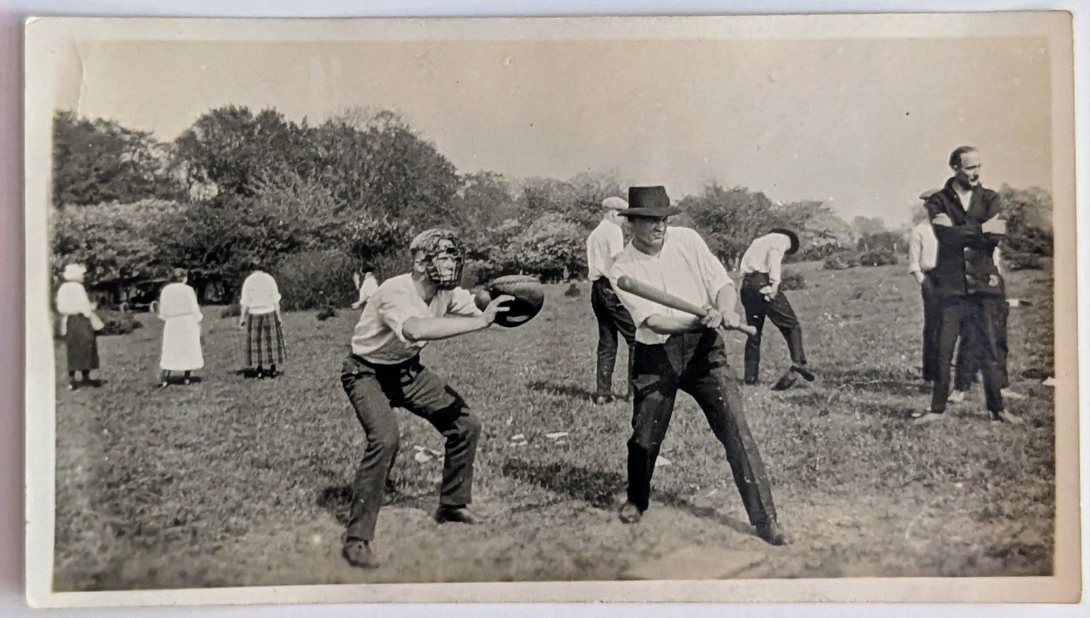 ​​​​Vintage 1910s Baseball Action Photo Snapshot Catcher Mask Batter Hat Sports