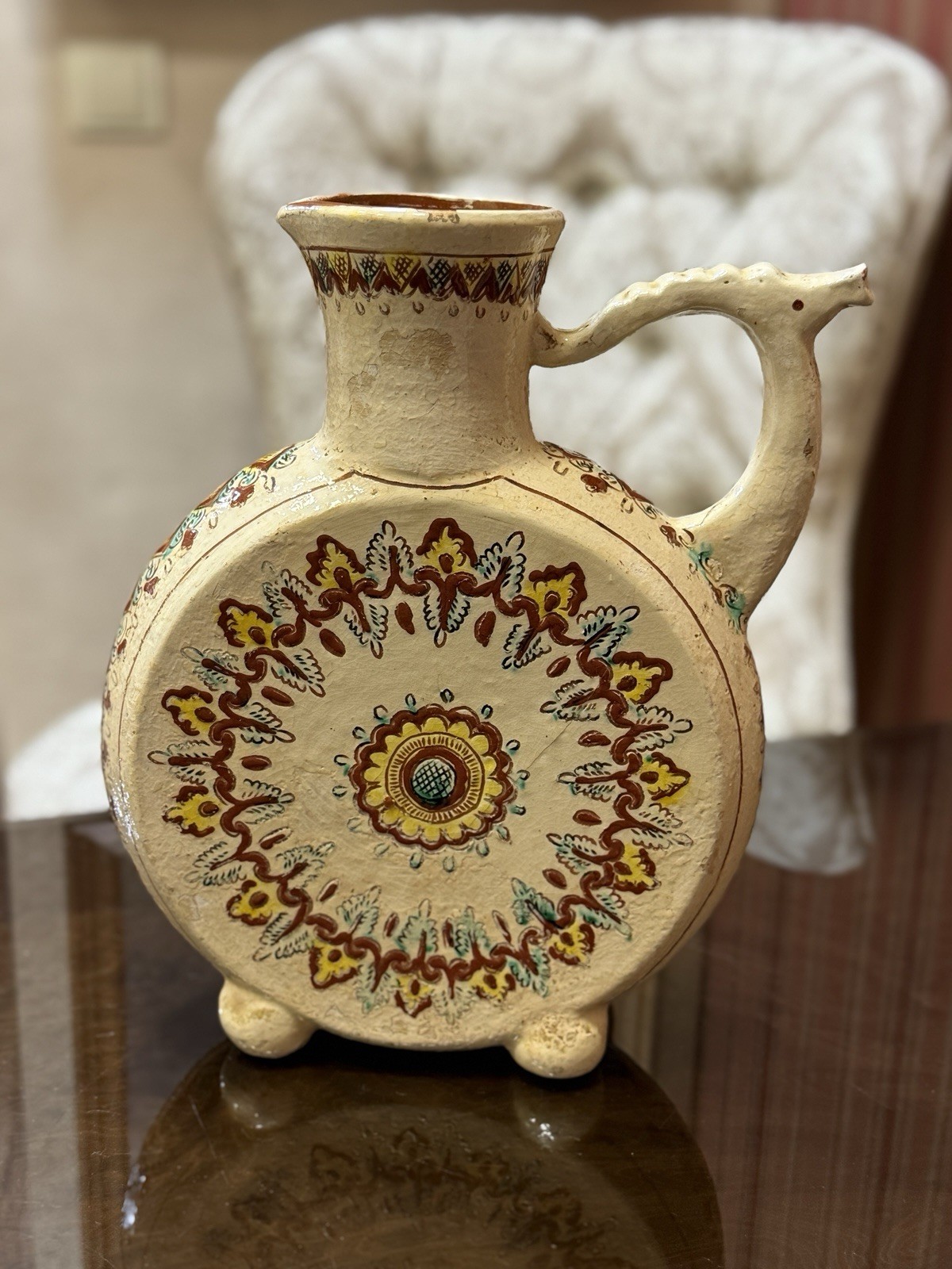 UNESCO Heritage Kosiv Ceramic Kumanets Jug Pitcher Hutsul Pottery Ram Head Handl